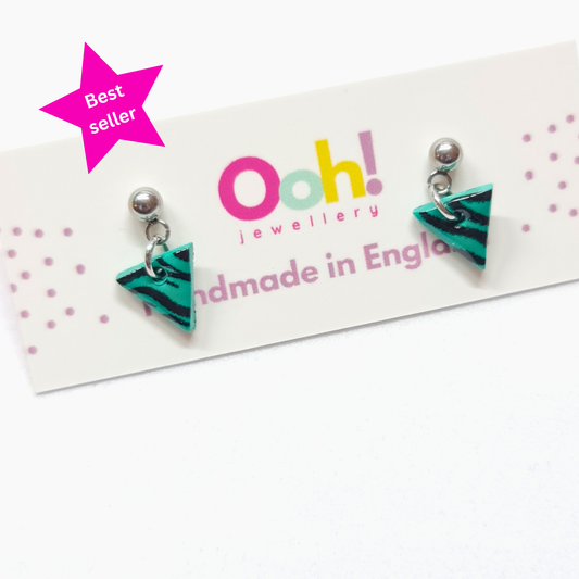 Jade green zebra print mini geometric shaped earrings handmade to boost confidence UK
