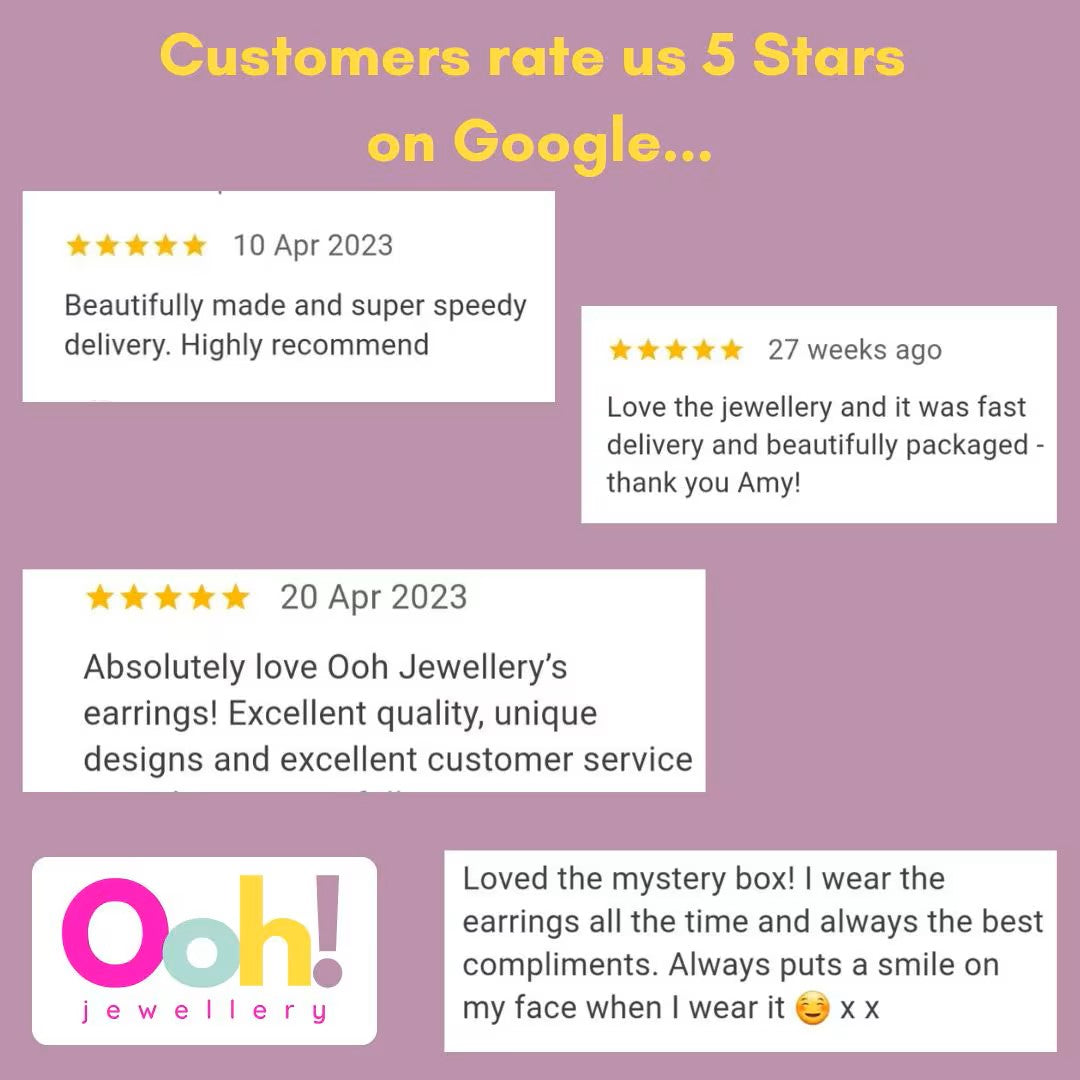 The image says "Customers rate us 5 stars on Google" and shows 5 star reviews for Ooh Jewellery.