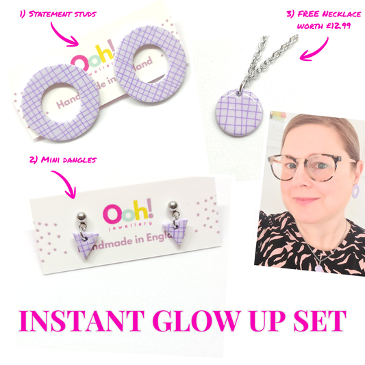 Purple earring & necklace set to dress up a casual outfit