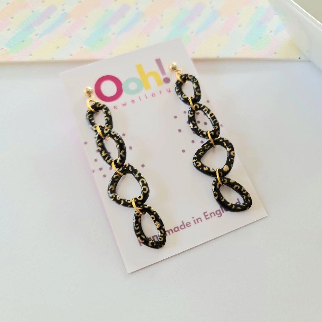 Black & Gold Skinny Leopard Print Dangle