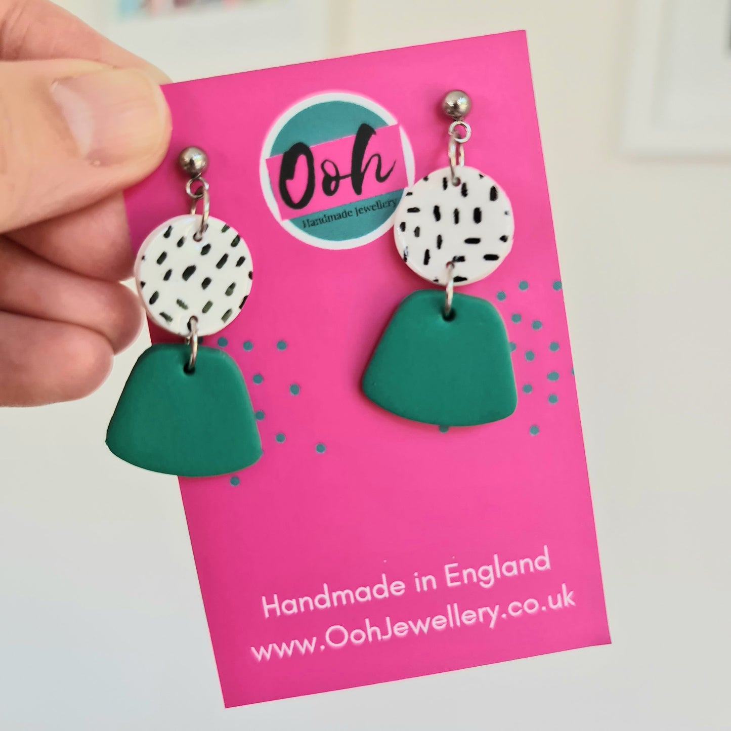 Jade green drop earrings, handmade from polymer clay