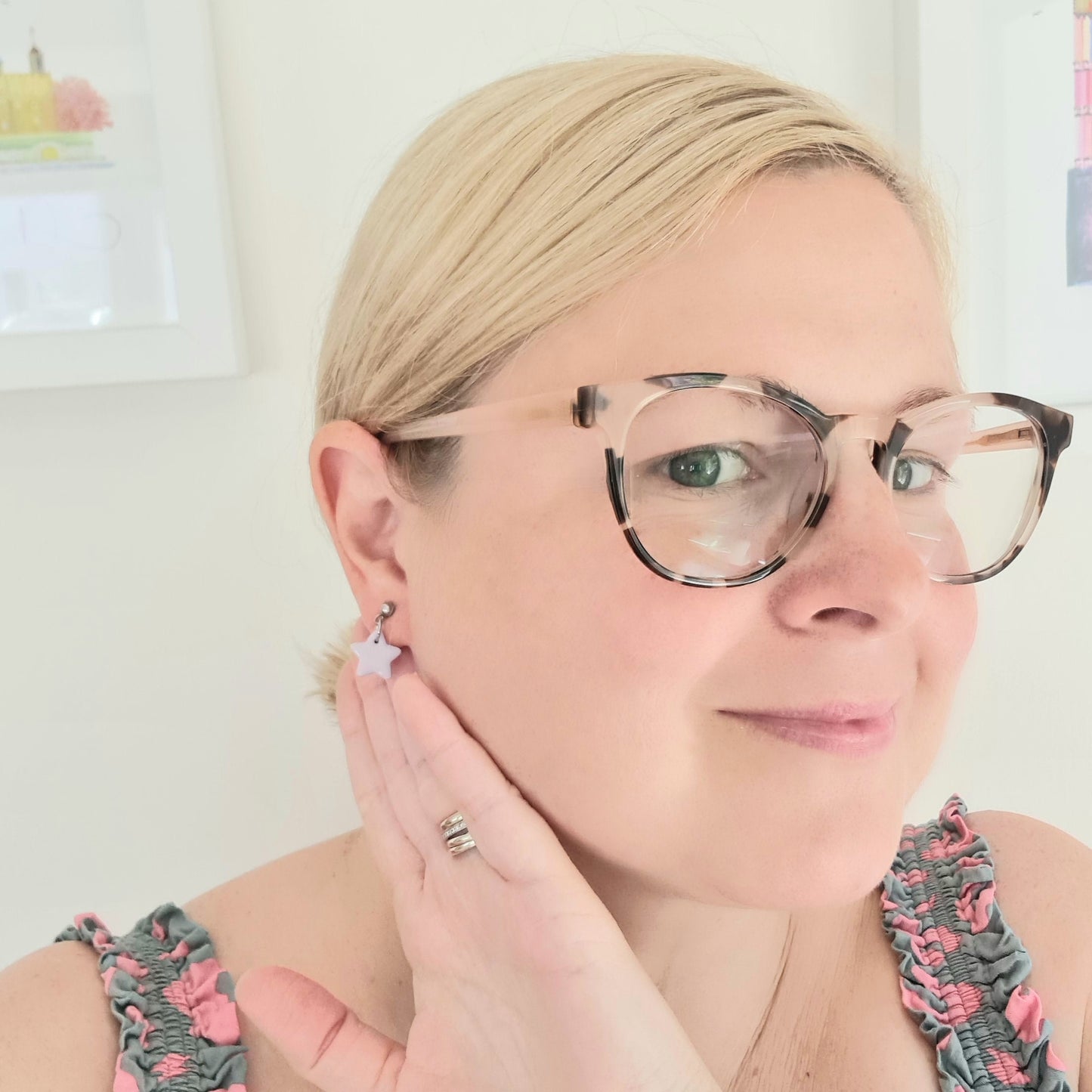 Lavender mini star drop earrings, handmade from polymer clay