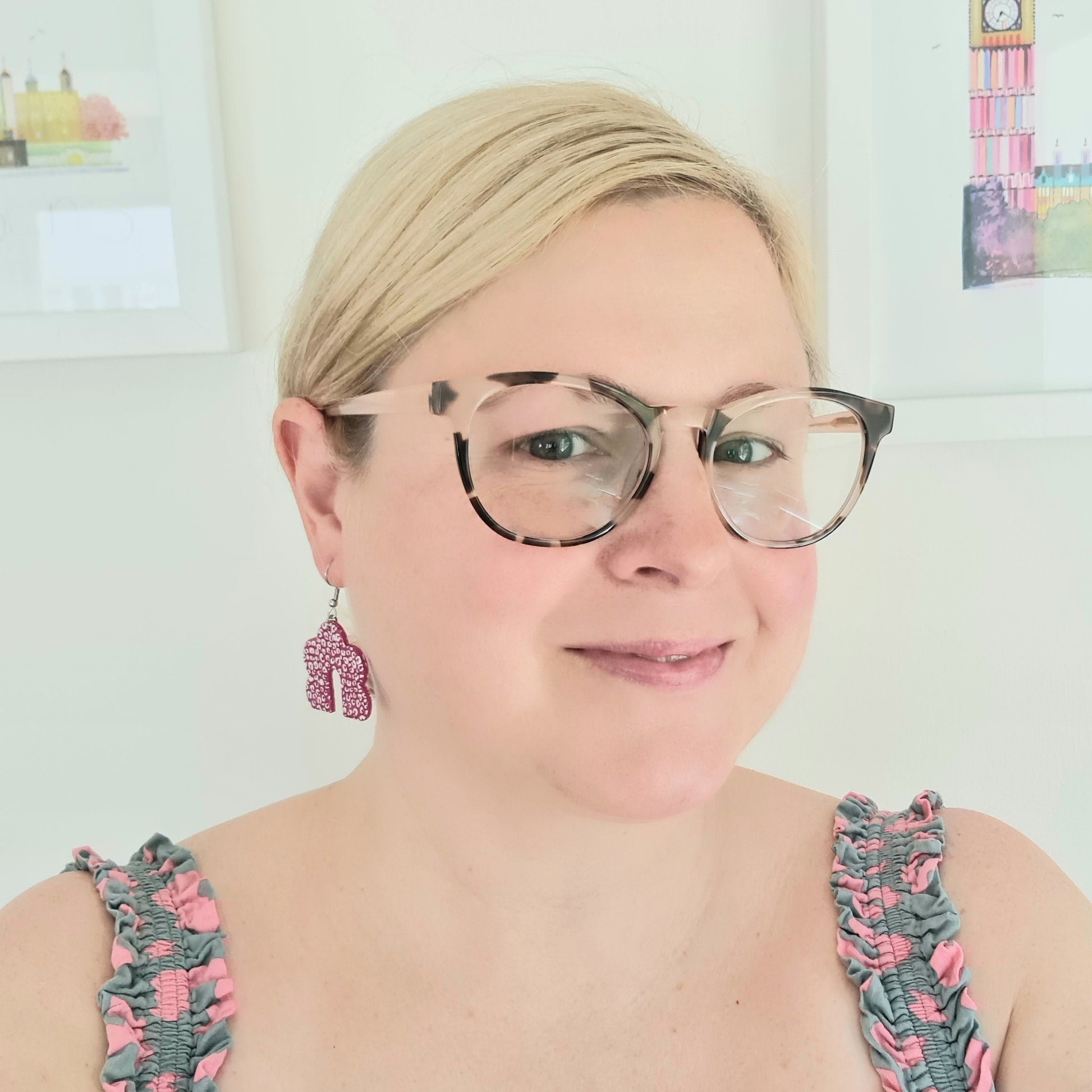 Pink & white leopard print drop earrings, handmade