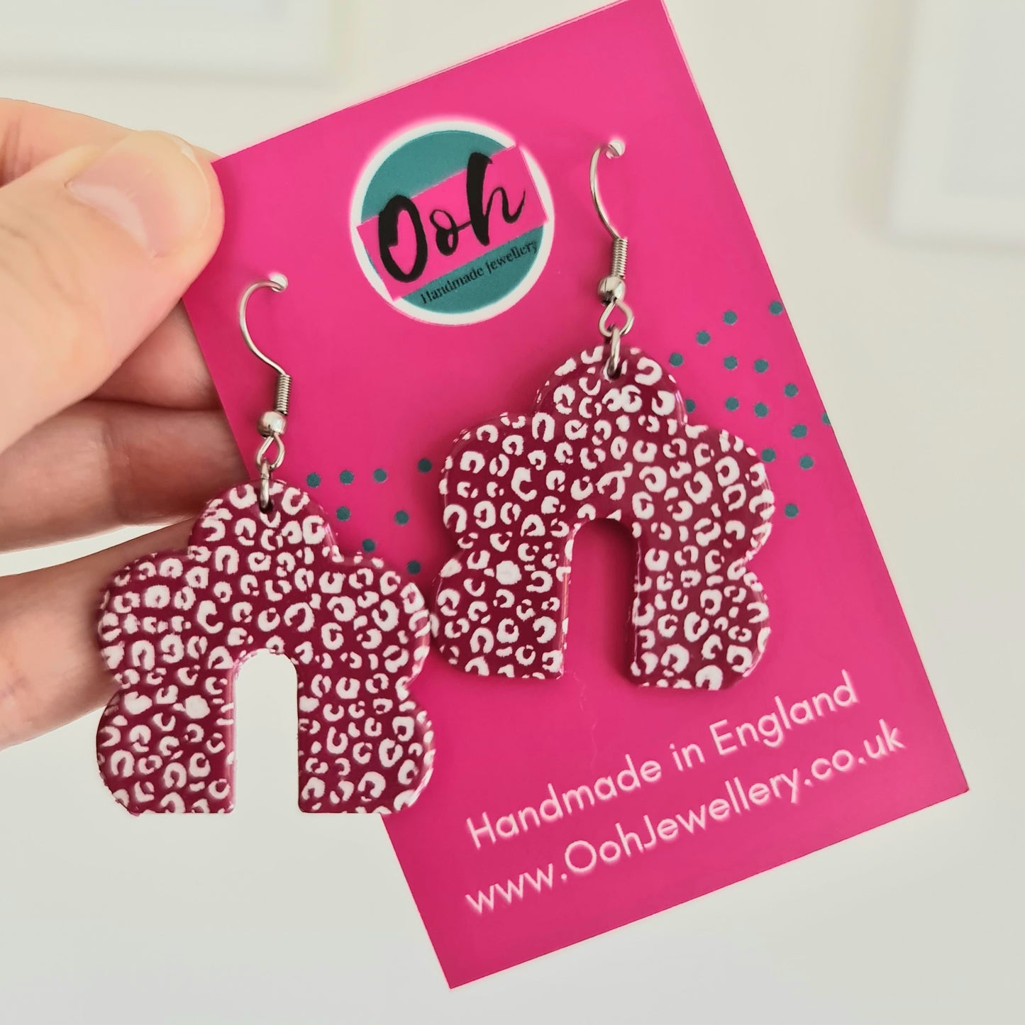 Pink & white leopard print drop earrings, handmade