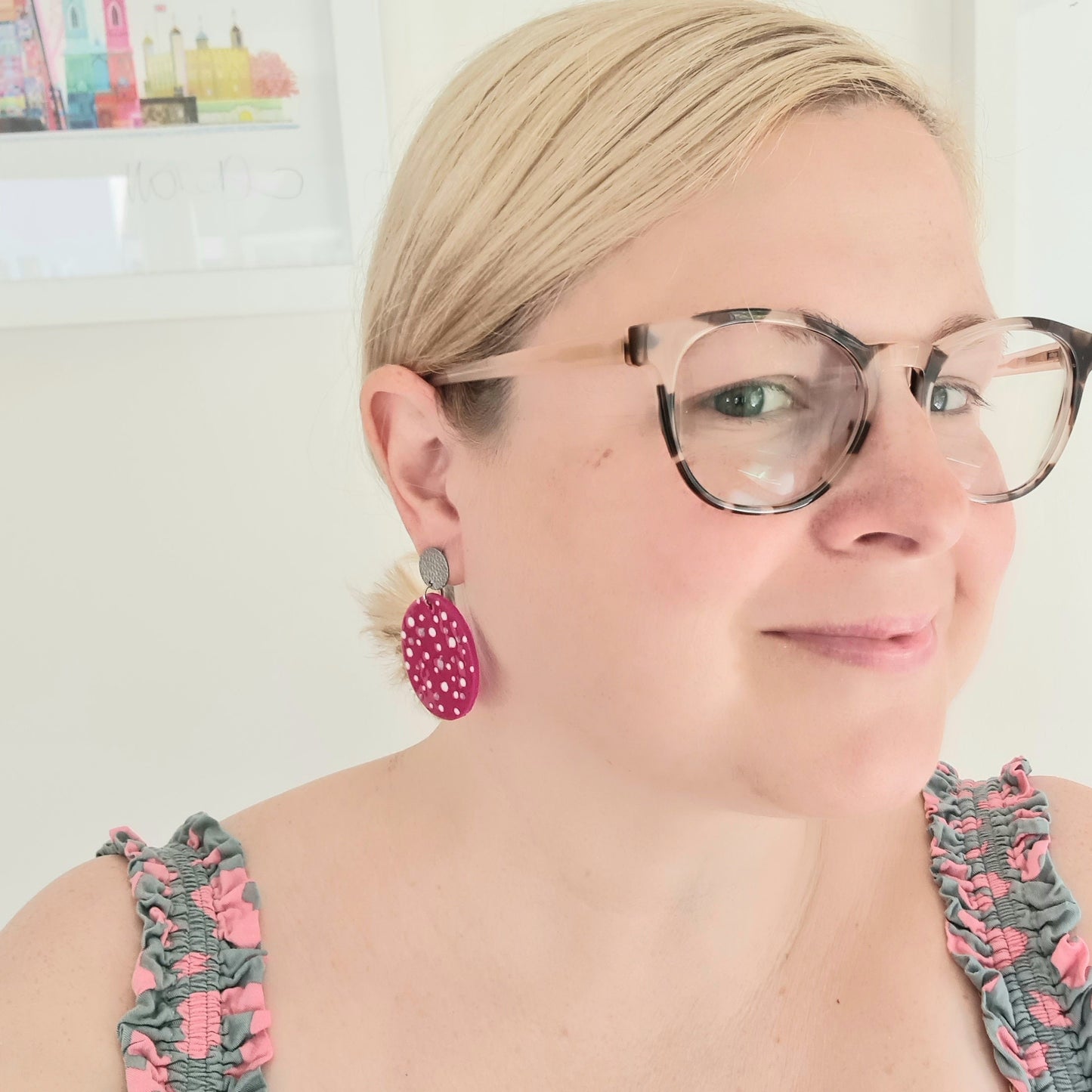 Pink & white polka dot drop earrings, handmade