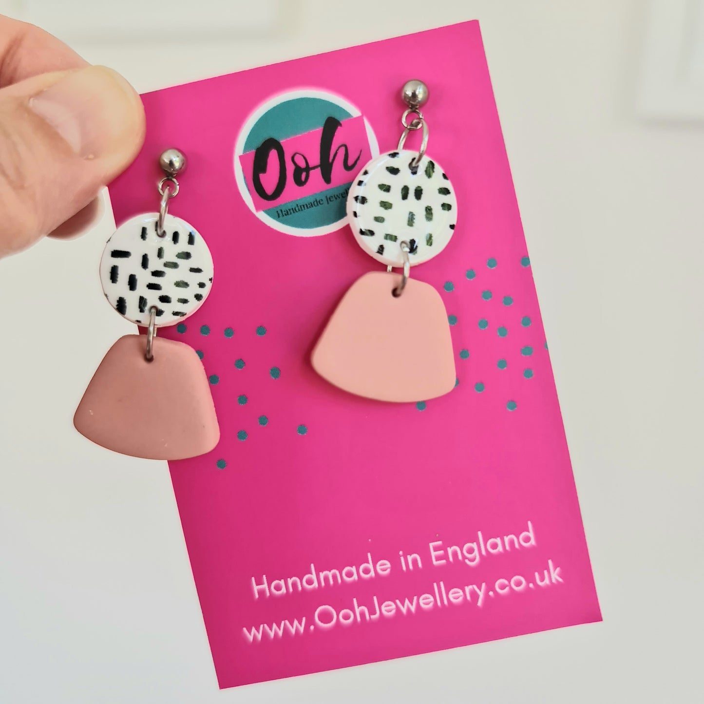 Dusky pink drop earrings, handmade from polymer clay