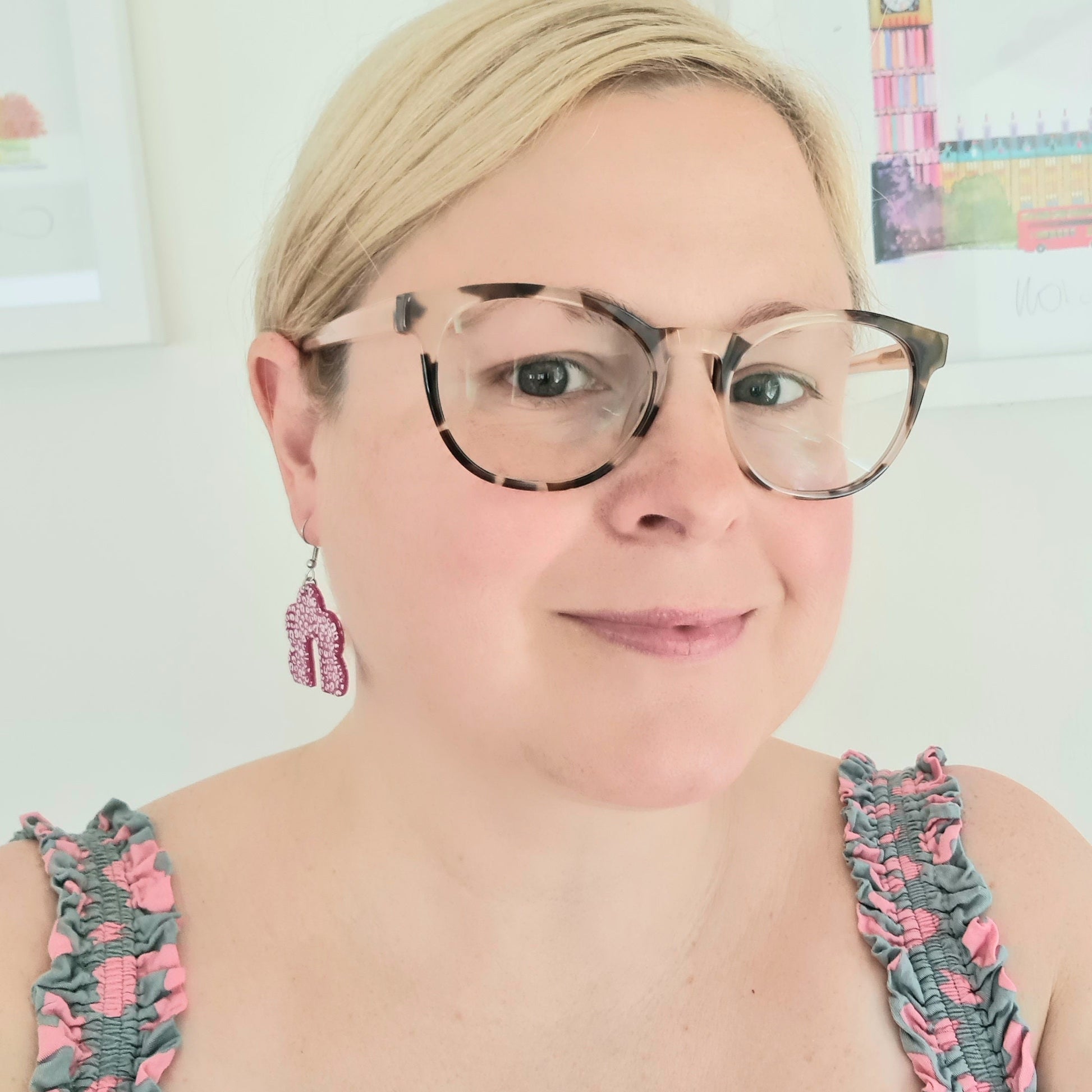 Pink & white leopard print drop earrings, handmade