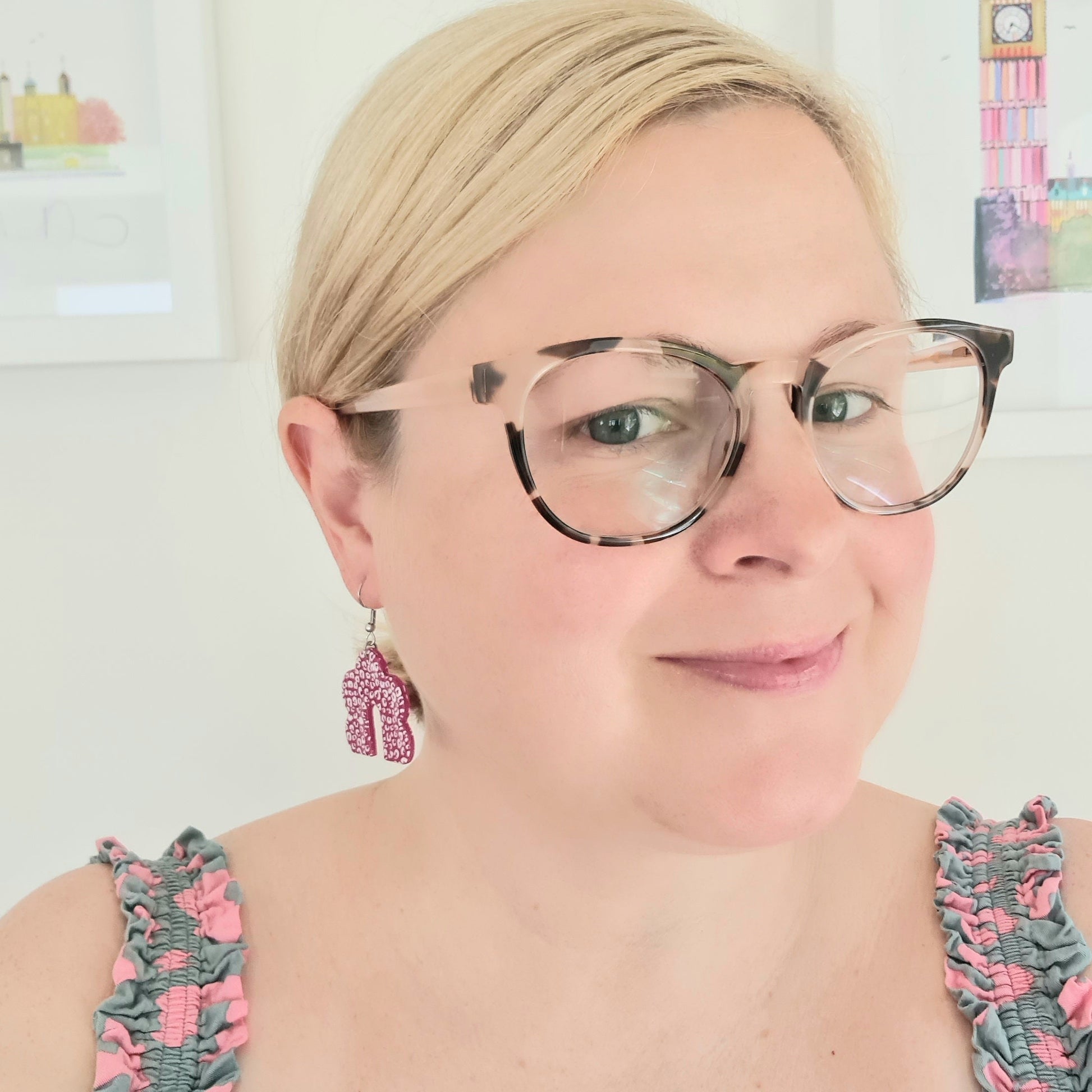 Pink & white leopard print drop earrings, handmade