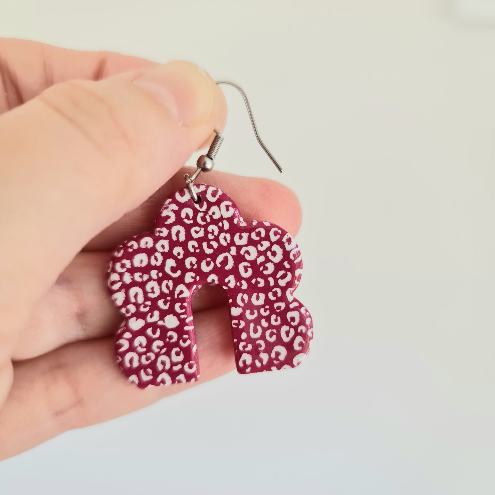 Pink & white leopard print drop earrings, handmade