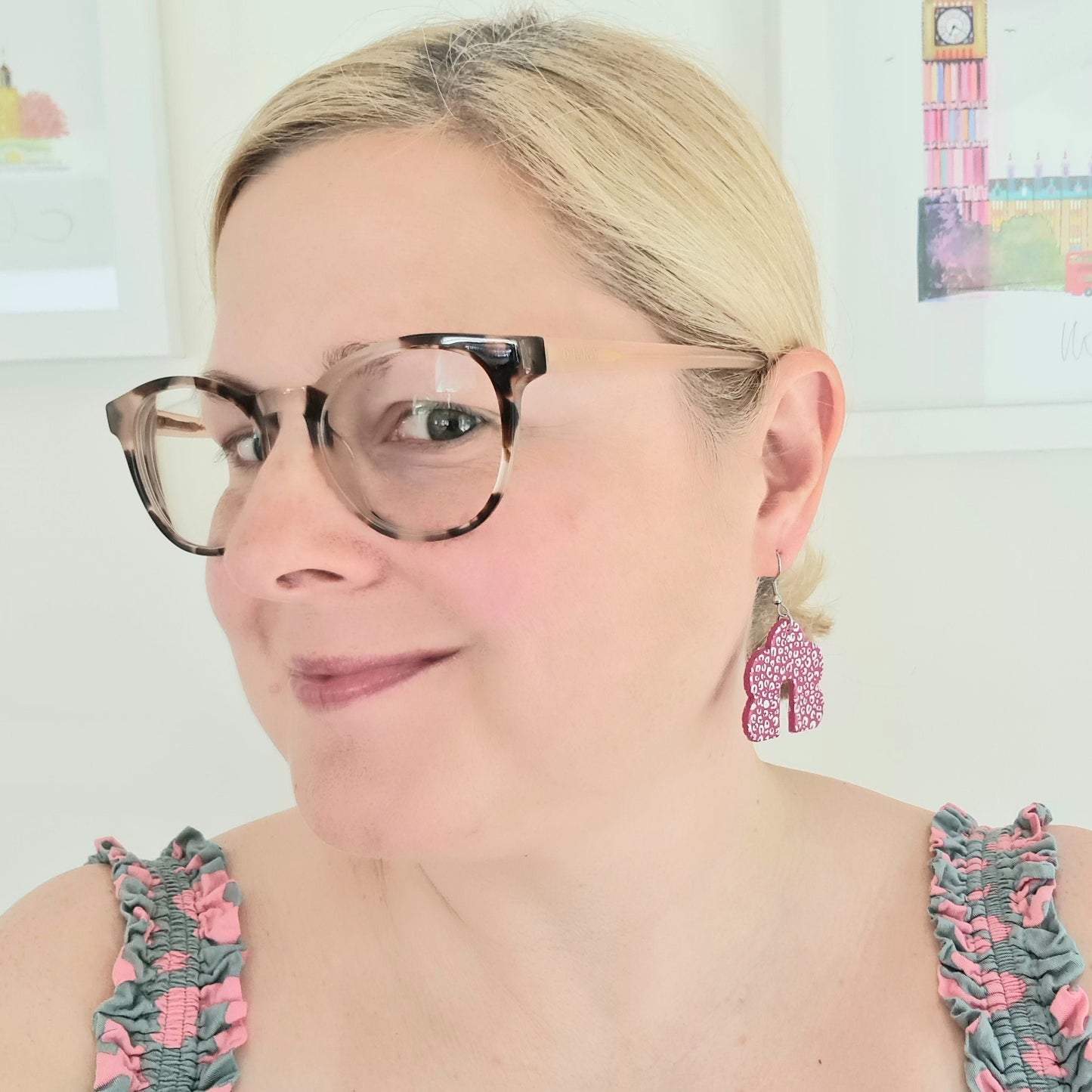 Pink & white leopard print drop earrings, handmade