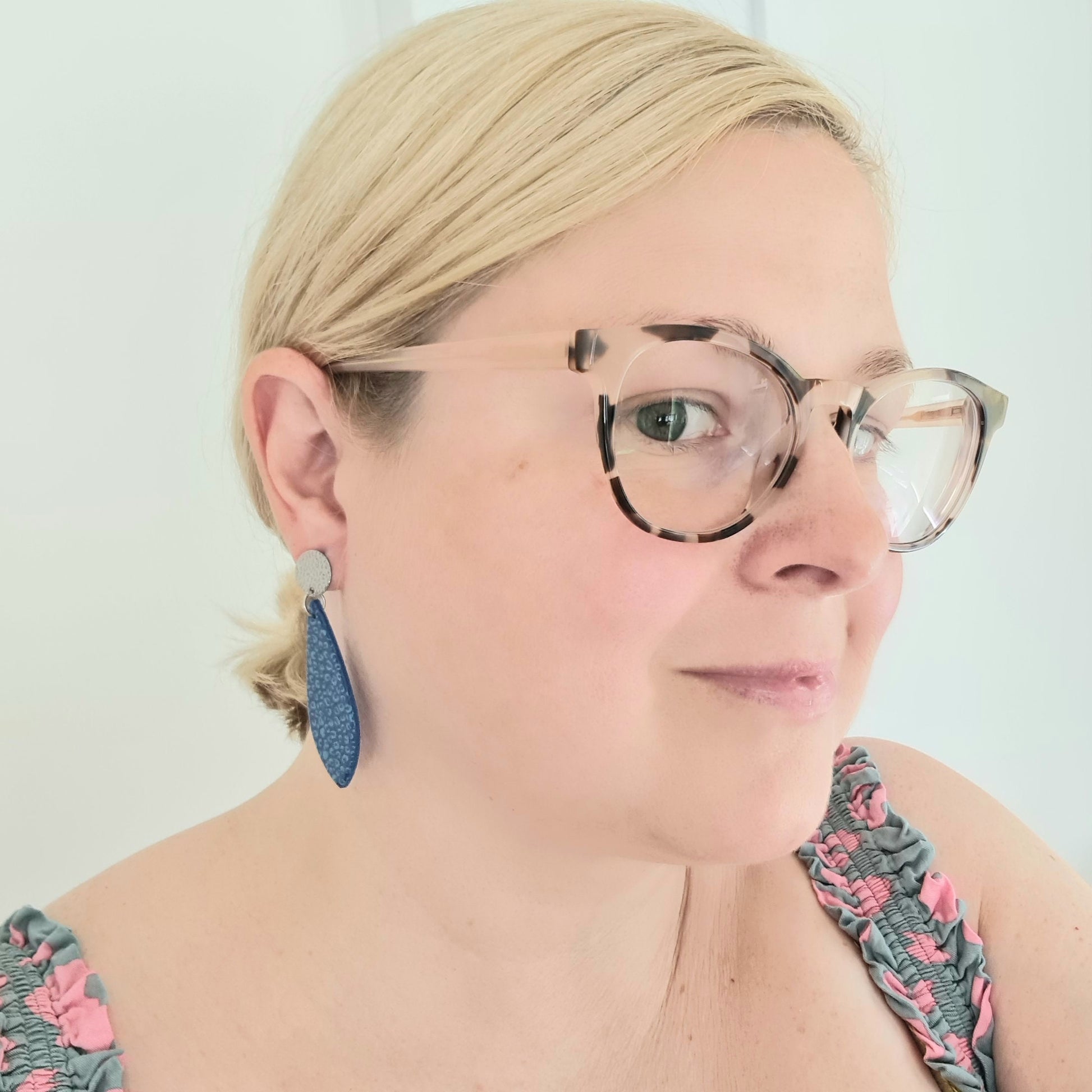 Blue & turquoise leopard print drop earrings, handmade, teardrop shape