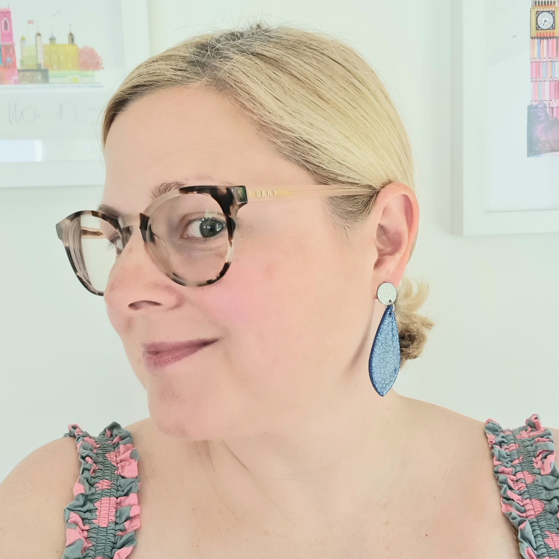 Blue & turquoise leopard print drop earrings, handmade, teardrop shape