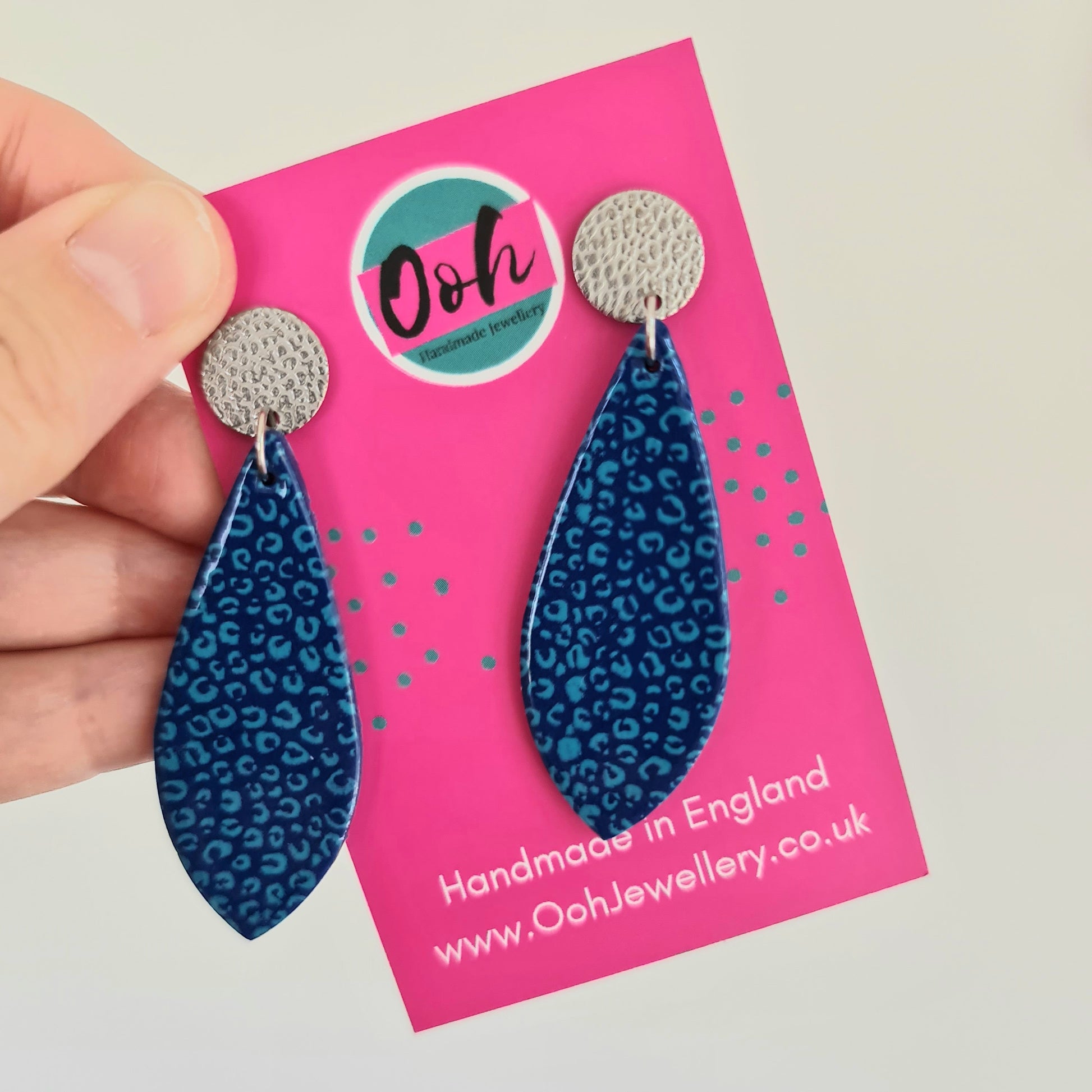 Blue & turquoise leopard print drop earrings, handmade, teardrop shape