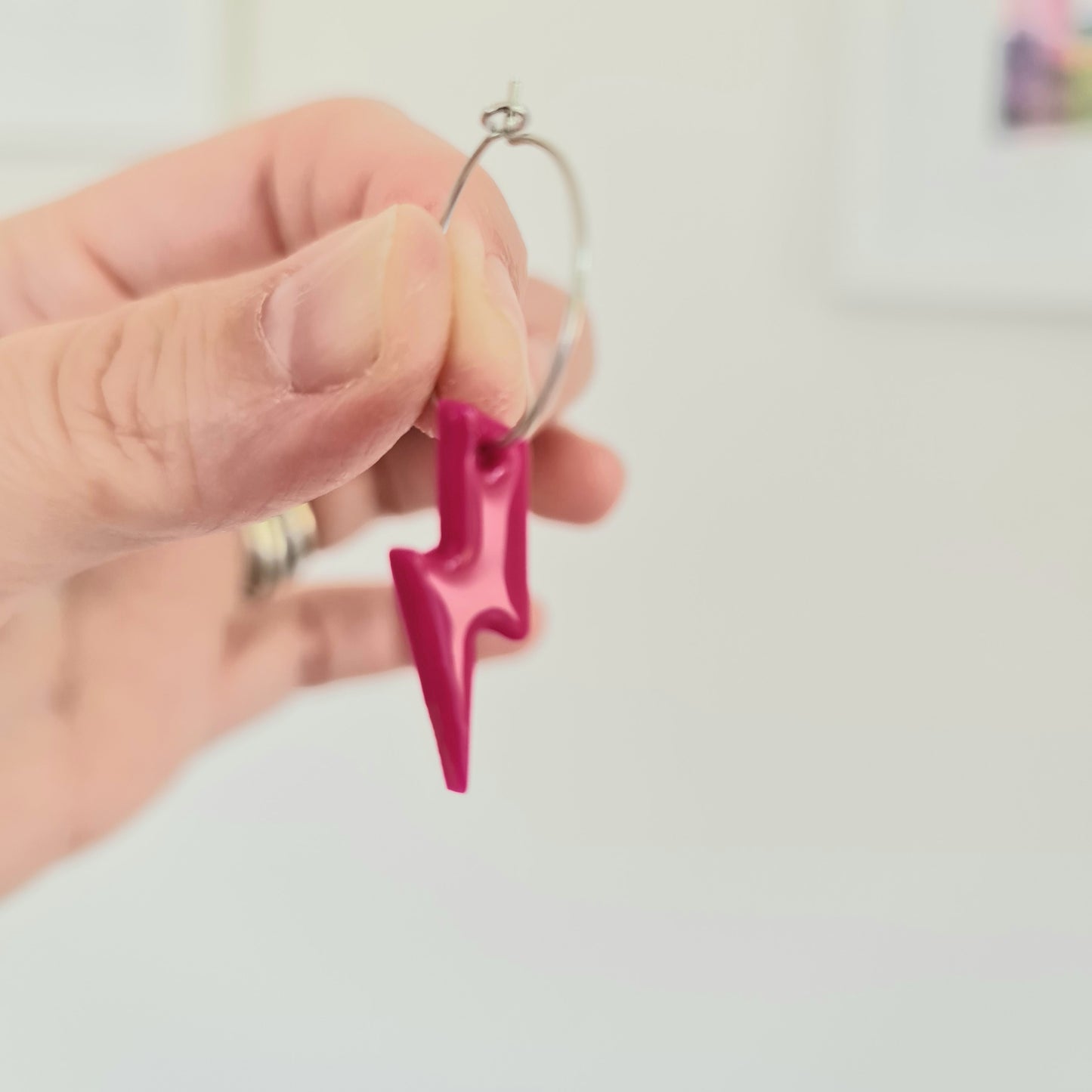 Pink lightning bolt hoop earrings, handmade