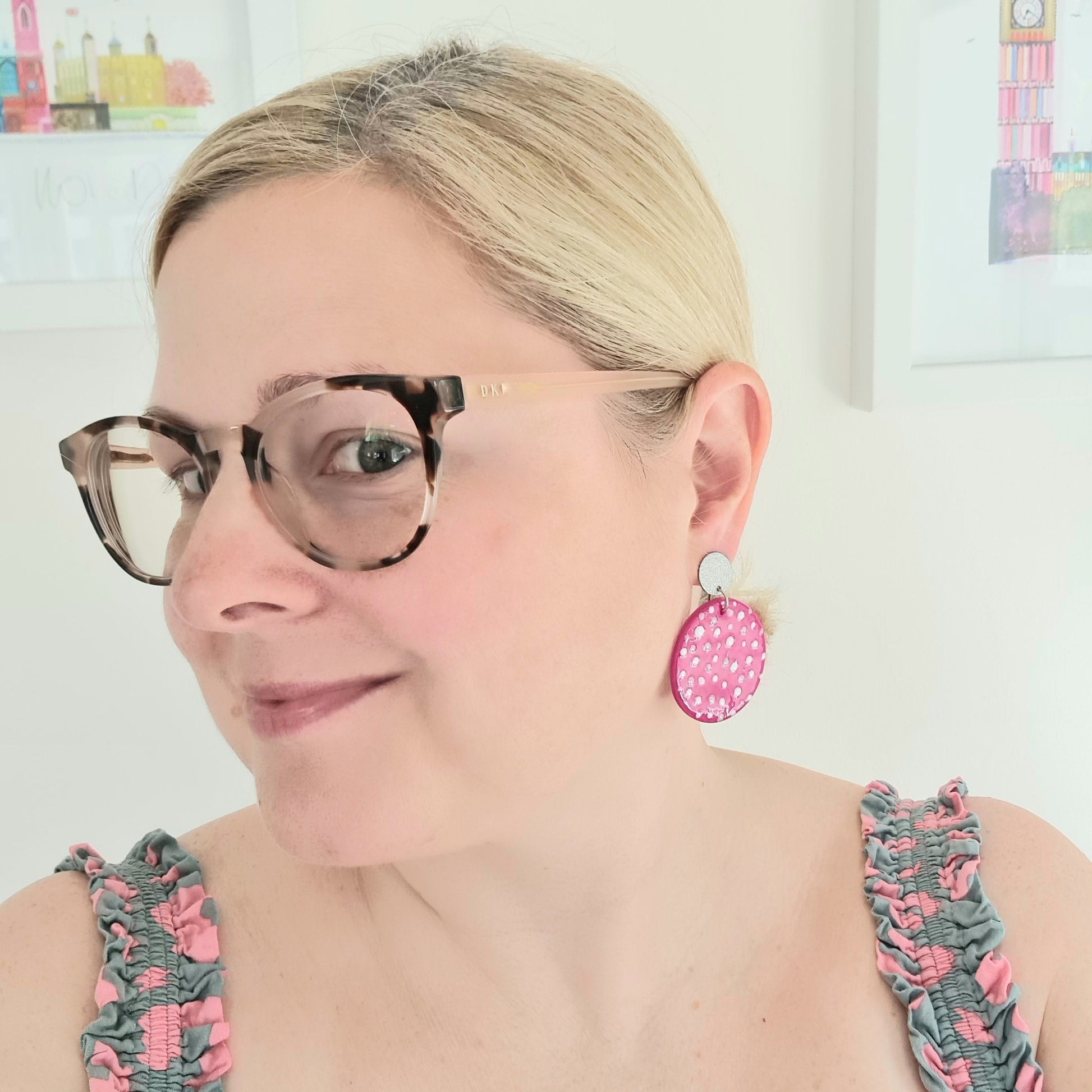 Pink & white polka dot drop earrings, handmade