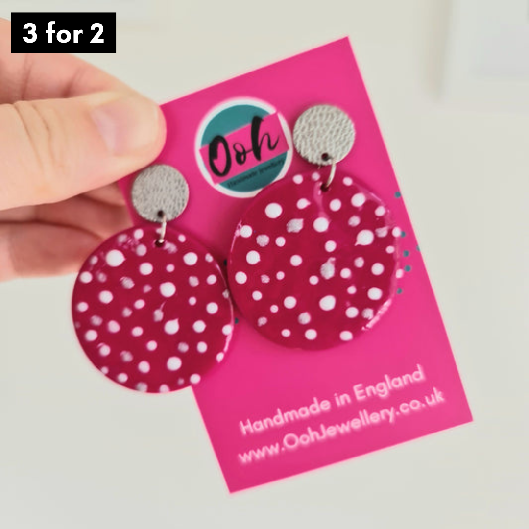 Pink & white polka dot drop earrings