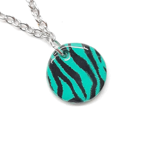 Green Zebra Print Small Round Pendant Necklace